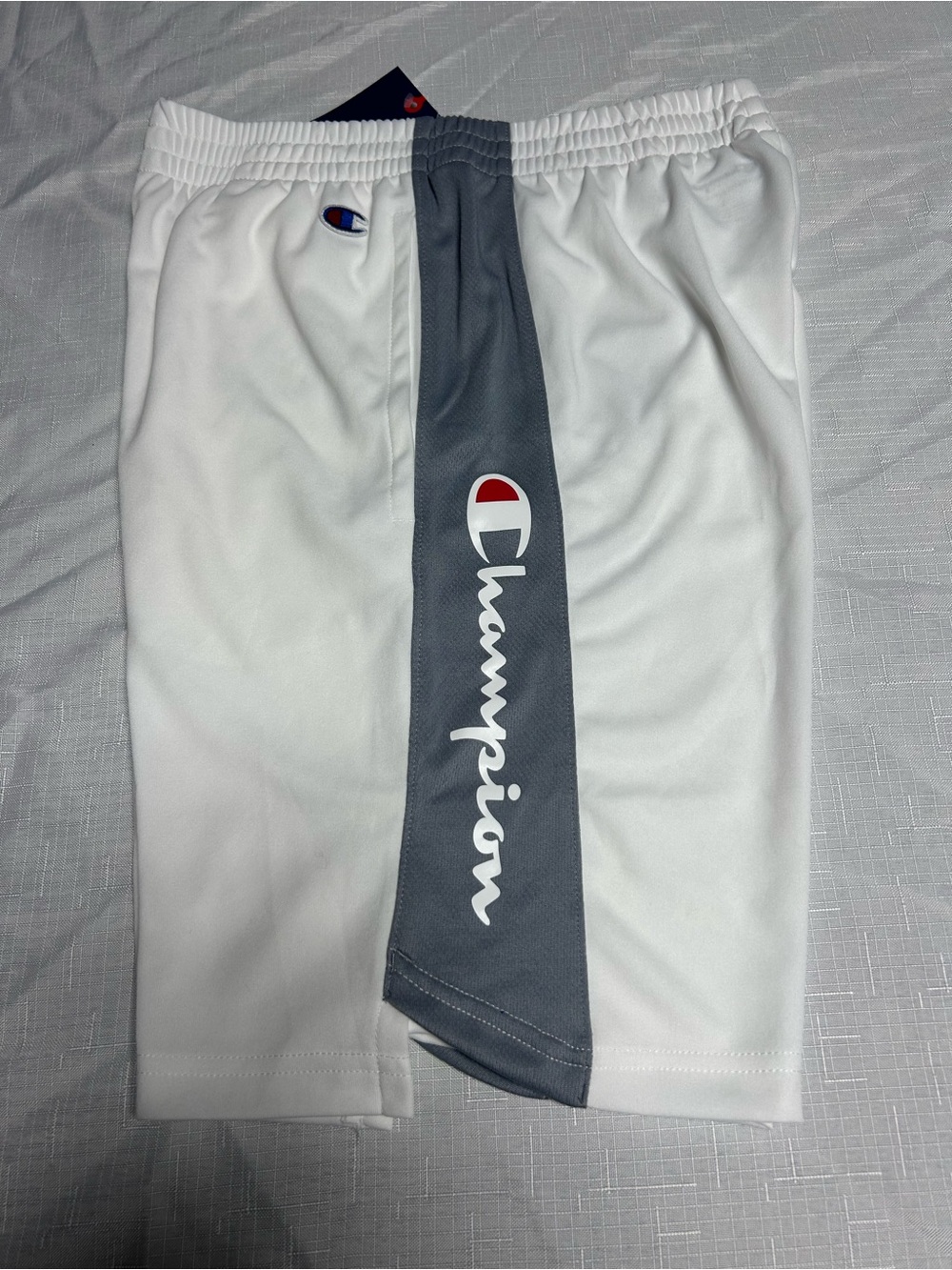 Champion White Athletic Shorts with Gray Center Stripe and Logo Boy’s Large
